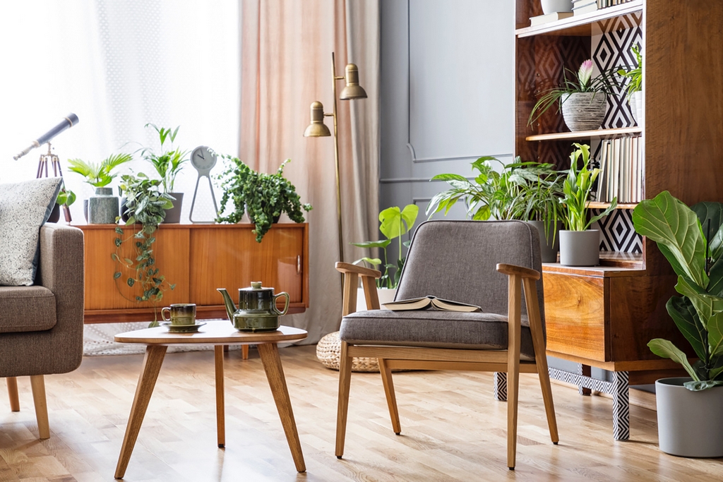 Real photo of an armchair standing next to a small table and a sofa in spacious living room interior with cupboard and shelves with plants behind