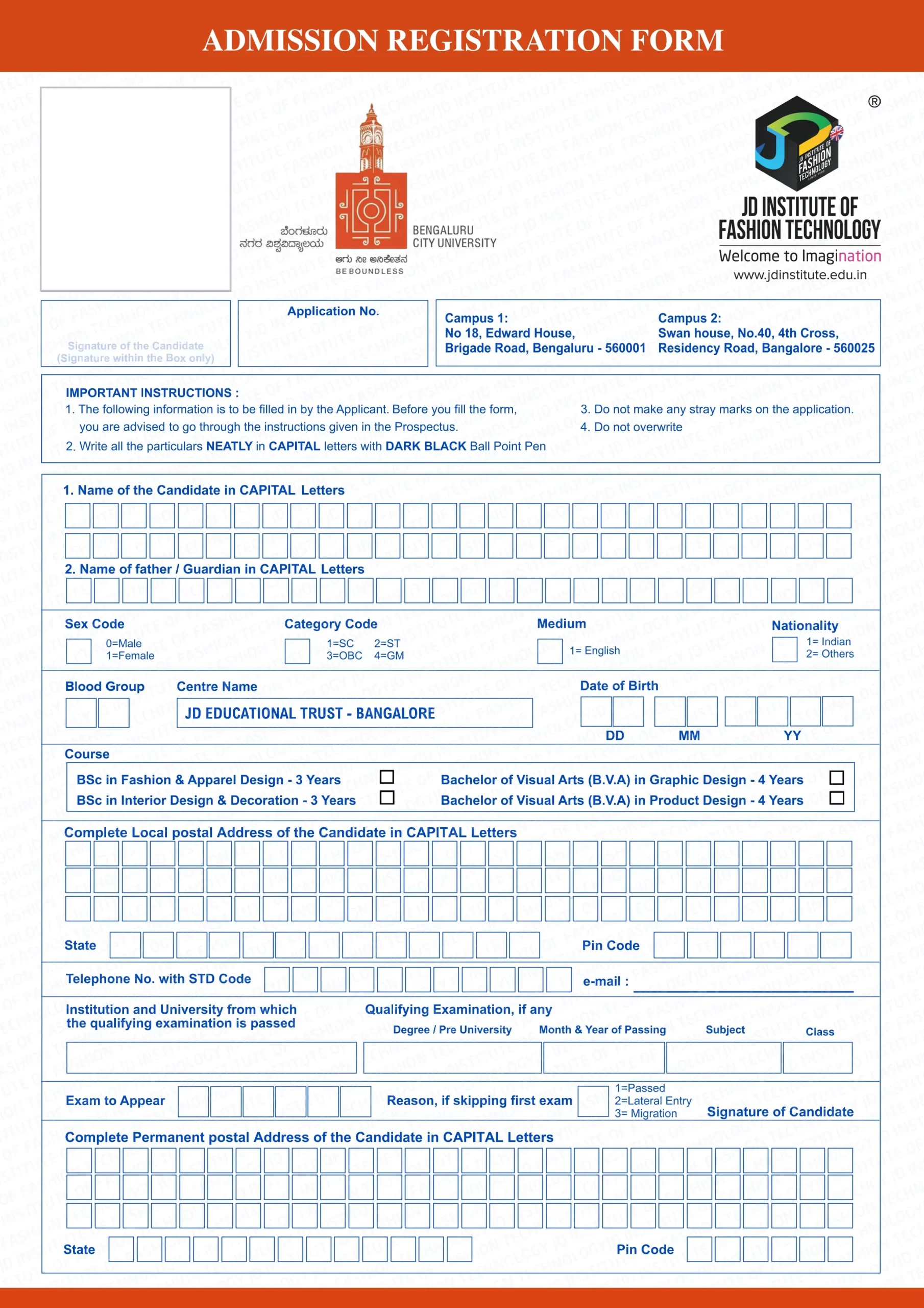 Application Form for BSc – Bangalore University